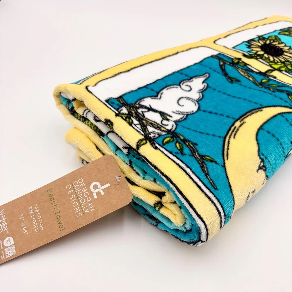 Deborah Connolly Designs Tarot Card Beach Towel Sun Moon Teal Yellow 36x68 NEW‎